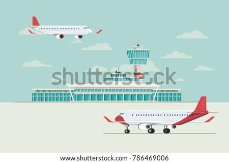 Plane at Airport arrivals and departures travel sky and clound background bule, Vector Illustration