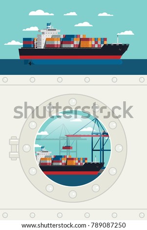 Ship porthole Window view loaded container at harbor and cargo ship at ocean. icon Vector illustration