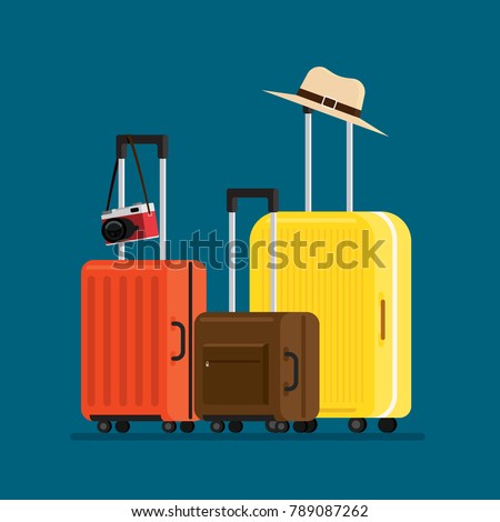 travel suitcases and hat camera isolated, Vector Illustration