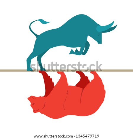 Positive financial outlook business concept as a bull casting a reflection of a forward moving bear as a hopeful forecast in stock market investing. Illustration vector.