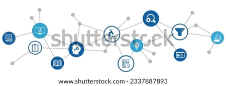 Research  development vector illustration. Concept with connected icons related to project management, product design or engineering, business development, r d process using technology, engineering.