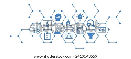 Research development vector illustration. Concept with connected icons related to project management, product design or engineering, business development, r d process using technology, engineering.