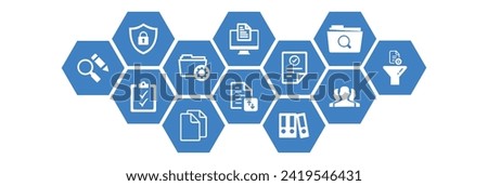 Document management vector illustration. Blue concept with no people related to digital file storage system software, corporate records keeping, database technology, remote file access, doc sharing
