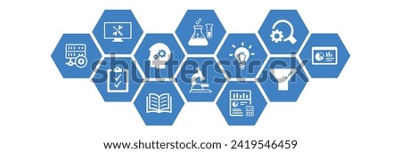 Research development vector illustration. Concept with connected icons related to project management, product design or engineering, business development, r d process using technology, engineering.