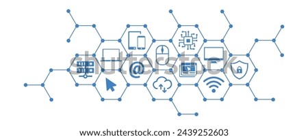 Computer hardware vector illustration. Blue concept with icons related to electronics service or repair; computer, phone or tablet; electronic component or device, pc recycling.