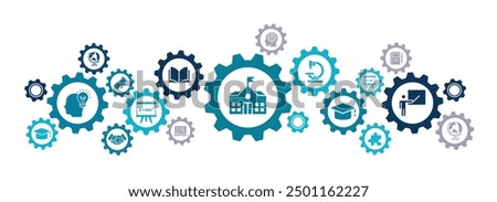 University and College vector illustration. Concept with icons related to higher education, academic course, high school, campus or university study, learning and research, studying