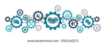 HR and human resources, talent management vector illustration. Blue concept with icons related to work,  recruitment, employment, job offer, candidate, applicant interview by recruiter, career advice.