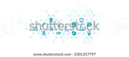 ERP vector illustration. Concept with icons related to enterprise resource planning software, system or interface; company or organization resources management and corporate information or strategy.