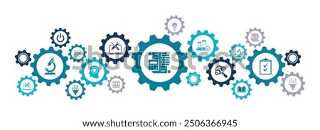 Research  development vector illustration. Concept with connected icons related to project management, product design or engineering, business development, r-d process using technology, engineering.