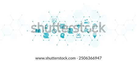 Research  development vector illustration. Concept with connected icons related to project management, product design or engineering, business development, r-d process using technology, engineering.