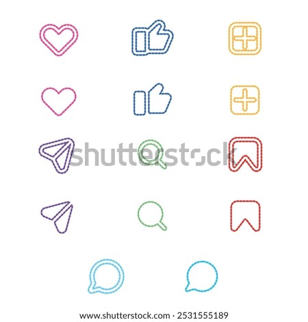 Dotted Outline Icon Set with Social Interaction Symbols in Vibrant Colors for Modern UI, Web Design, and Graphic Design