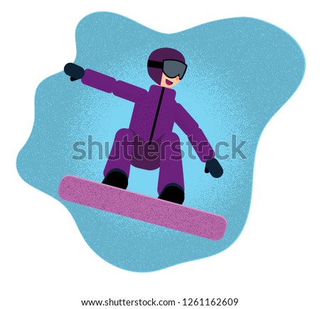 Snowboarder on the slope. The athlete rides a snowboard on a snowy slope, makes various elements, has fun on a weekend in nature, winter extreme sport, fluid soft edges bounding box with noisy texture