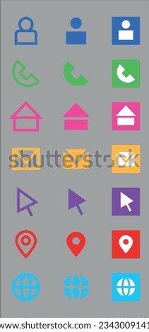 A set of social media icons, contact, save , home, email, pointer, location and website icon. three  type shape outline, fill and fill with round background. Dark blue abstract background. 