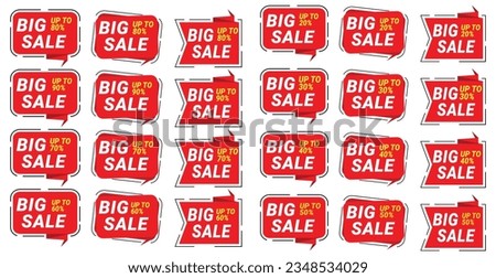 Big Sale tags with Sale up to 10 to 90 percent off. text on different shapes tags, three different concept stickers on white abstract background. EPS 10. 