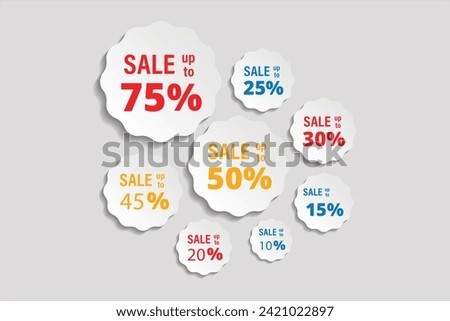 Different percent discount sticker discount price tag set. Red round speech bubble shape promote buy now with sell off up to 20, 30, 40, 50, 60, 70, 80 percentage vector illustration isolated on white