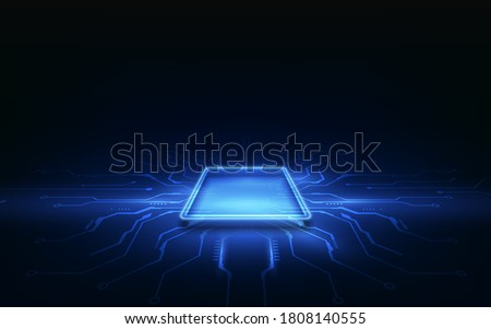 Abstract technology chip processor background circuit board and html code,3D illustration blue technology background vector.