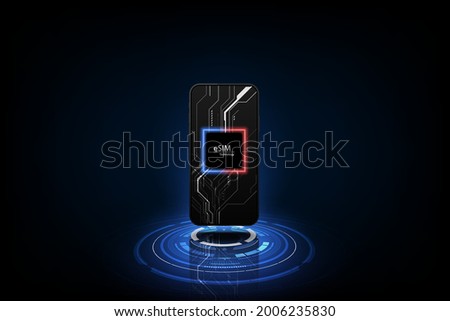 eSIM card chip sign. Embedded SIM concept. New mobile communication technology and  processor background circuit board vector illustration Stockfoto © 