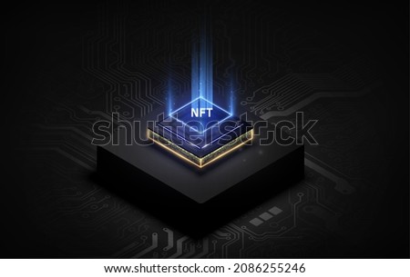 Token NFT text on CPU chip with digital circuit board background. Concept of NFT becomes more popular and well known. Product from crypto currency technology
