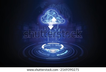 Cloud technology. Polygonal wireframe cloud storage sign with two arrows up and down on dark blue. Cloud computing, big data center, future infrastructure, digital ai concept. Virtual hosting symbol
