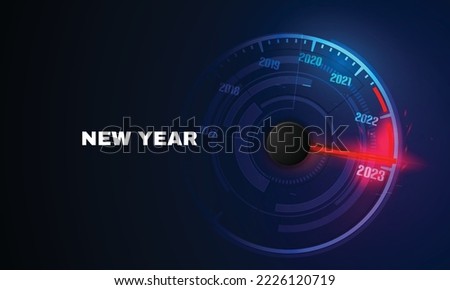 New year 2023 car speedometer, red indicator on black blur background