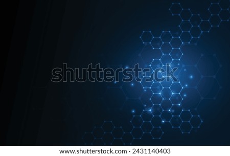 Hexagons pattern blue background. Genetic research, molecular structure. Chemical engineering. Concept of innovation technology. Used for design healthcare, science and medicine background 