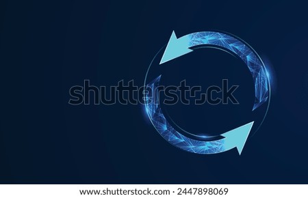 Abstract two arrows go around on a dark blue background. Digital exchange and money transfer concept. Low poly wireframe vector illustration in futuristic hologram style. Polygonal recycle symbol. 