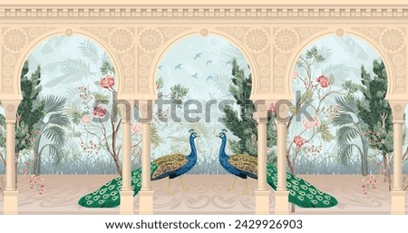 Traditional Mughal garden, arch, peacock, plant illustration. Chinoiserie Palace for wallpaper.