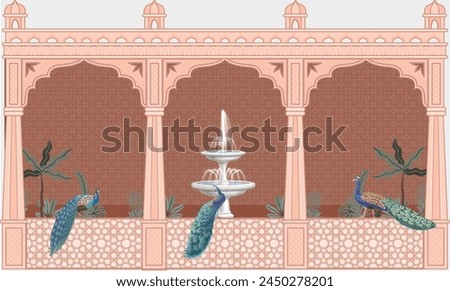 Traditional Indian arch garden with peacock. Chinoiseries peacock, Birds royal Palace garden Wallpaper with fountain and birds.