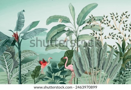 Tropical jungle wallpaper illustrations. Mural Banana tree and flamingo tropical plants for digital wallpaper. Exotic jungle wallpaper.