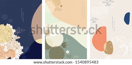 Japanese background vector. Asian icons and symbols. Oriental traditional poster design. Abstract pattern and template. Peony flower, wave, sea,  bamboo, pine tree and sun elements.  