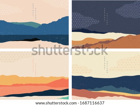 Natural landscape background with Japanese pattern vector. Mountain forest template with geometric elements. Abstract arts wallpaper.
