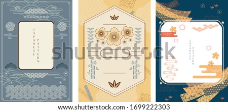 Japanese background with Asian traditional icon vector. Cherry blossom flower, wave pattern, bamboo and ribbon elements