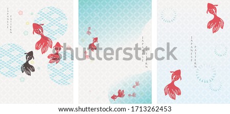 Japanese background with gold fish vector. Asian pattern with icon elements. Water and river template in vintage style.