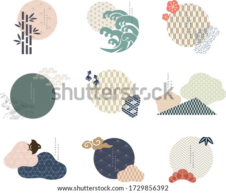 Set of geometric modern graphic elements vector. Asian icons with Japanese pattern. Abstract banners with flowing liquid shapes. Template for logo design, flyer or presentation. 