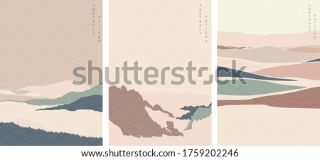 Natural landscape with Japanese wave pattern vector. Abstract art background with Mountain forest template.