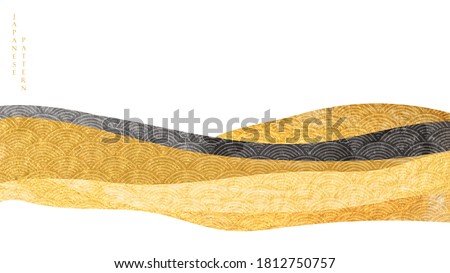 Art landscape background with gold texture vector. Japanese wave pattern with mountain banner in oriental style.