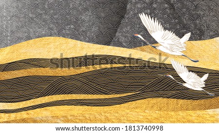 Art landscape background with gold texture vector. Japanese hand drawn wave pattern with crane birds and mountain banner in vintage style.