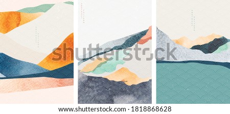 Landscape background with Japanese wave pattern. Abstract template with geometric pattern. Mountain layout design in Asian style. 
