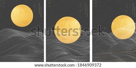 Gold moon texture and Japanese hand drawn wave pattern with abstract background vector. Curve element in oriental style.