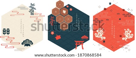 Set of geometric modern graphic elements vector. Asian icons and symbol with Japanese pattern. Abstract banners with template for logo design, flyer or presentation in vintage style. Сток-фото © 