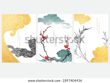 Japanese wave pattern with art landscape banner. Abstract background with gold texture vector. Cherry blossom flower, bamboo and cloud elements with watercolor painting banner in vintage style.