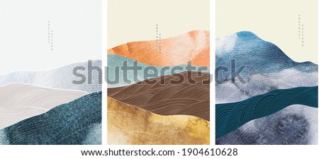 Landscape background with Japanese wave pattern vector. Abstract art template with line elements. Mountain forest banner design in vintage style. 