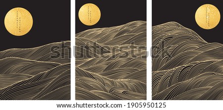 Japanese background with Gold texture in circle shape vector. Moon and sun with abstract line pattern. Template design.
