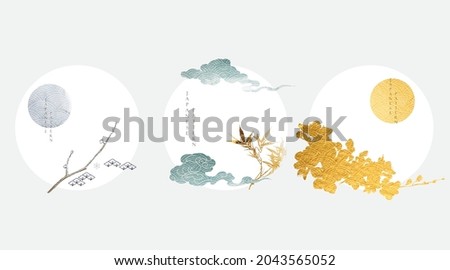 Japanese background with gold and blue texture vector. Cherry blossom flower branch, bamboo and chinese cloud decorations in vintage style. Art landscape icon and logo design. 
