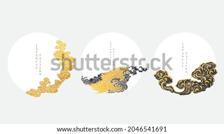 Japanese background with gold and black texture vector. Asian natural wave pattern with ocean sea and hand drawn cloud decoration banner design in vintage style.