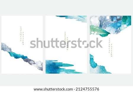 Blue and green brush stroke texture with Japanese ocean wave pattern in vintage style. Abstract art landscape art banner design with watercolor texture vector.