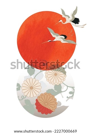 Japanese background with chrysanthemum flower in vintage style vector. Art red texture circle banner design with crane birds decoration. Icon and symbol element in Asia style. 