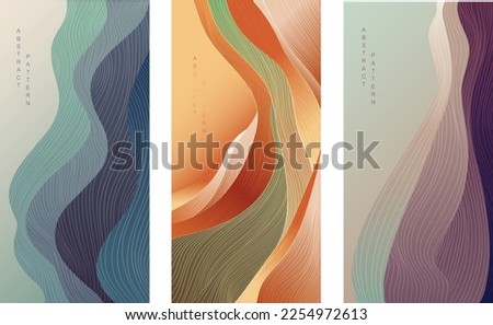 Japanese background with line wave pattern vector. Abstract art template with curve pattern. Mountain forest banner design in oriental style. Gradient colorful card design.