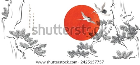 Japanese background with crane birds or herons and bomnsai tree element vector. Hand drawn chinses decorations in vintage style. Asain culture banner design