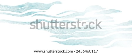 Abstract landscape background with white and blue hand drawn line pattern vector. Ocean sea art with natural template. Banner design and wallpaper in vintage style.